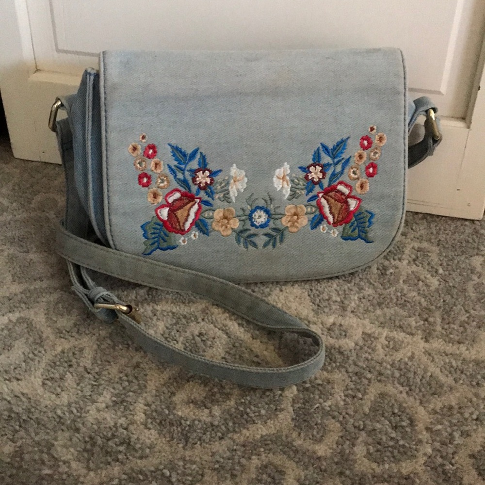 Embroidered chambray crossbody